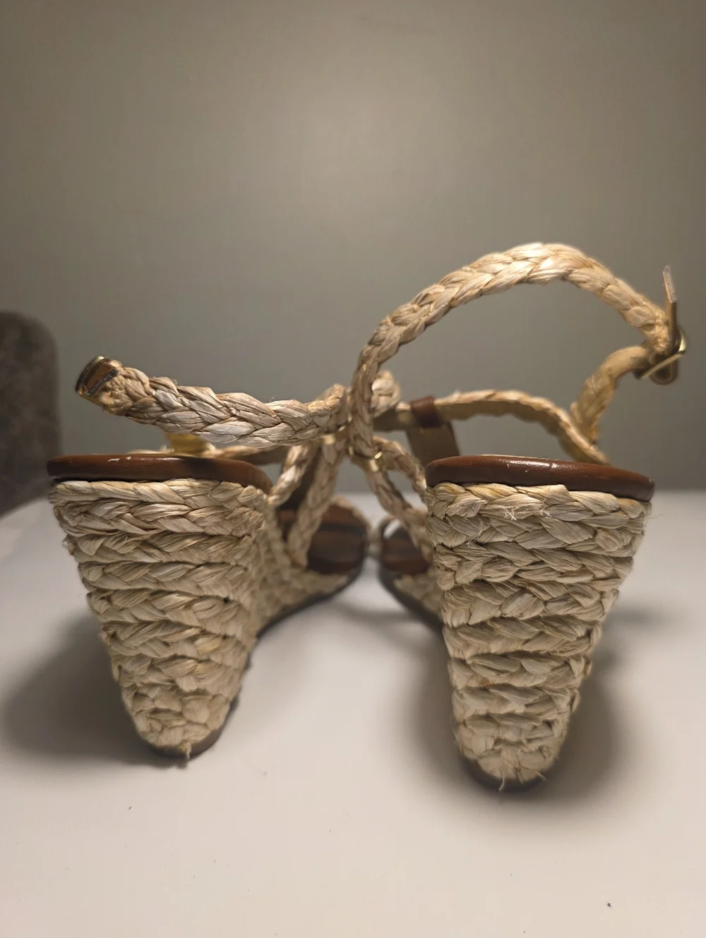 Brown Espadrille Wedge Sandals Gold Accent Ankle Buckle Boho Summer Women 10